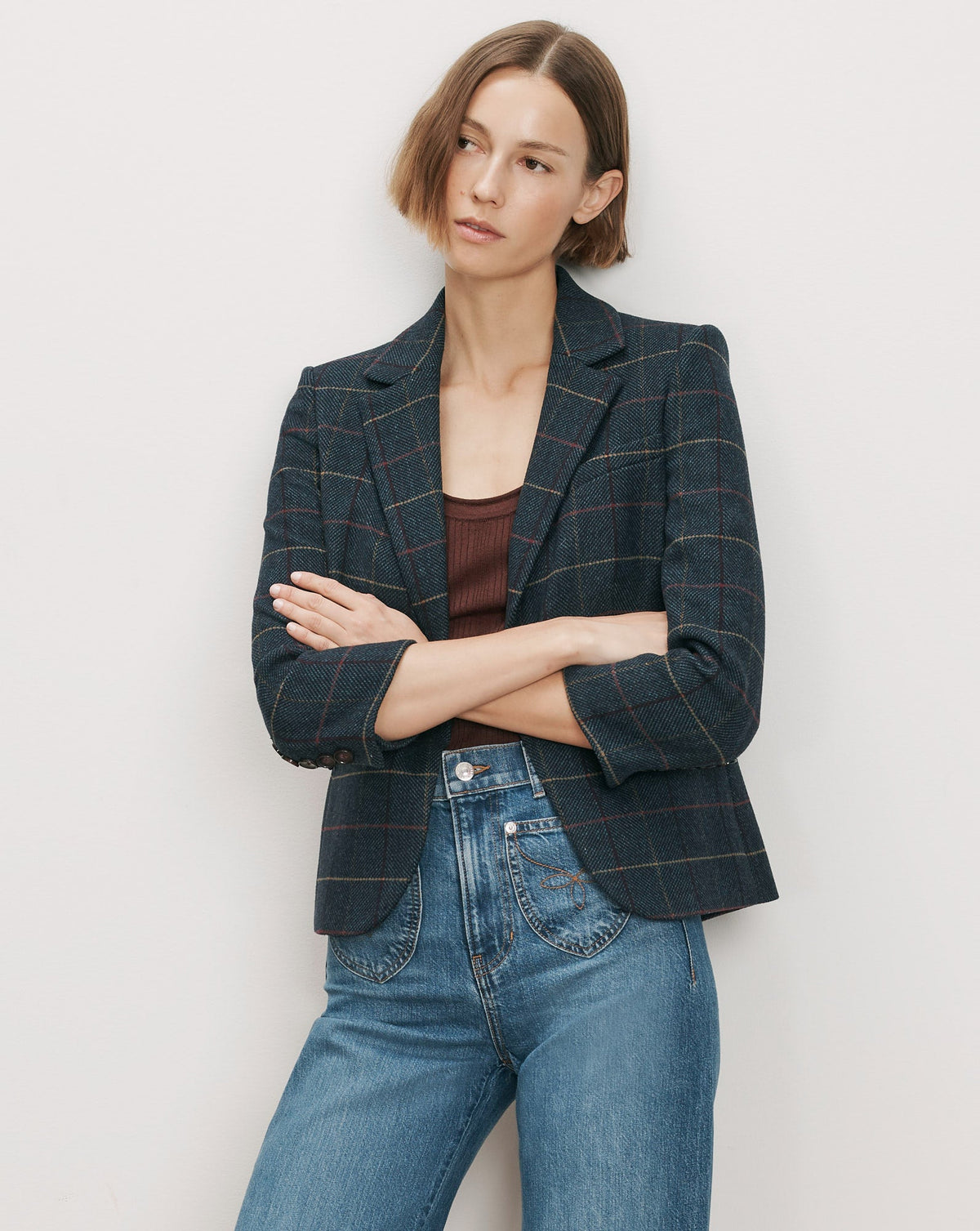 Schoolboy Plaid Dickey Jacket in Teal Multi - Veronica Beard Value