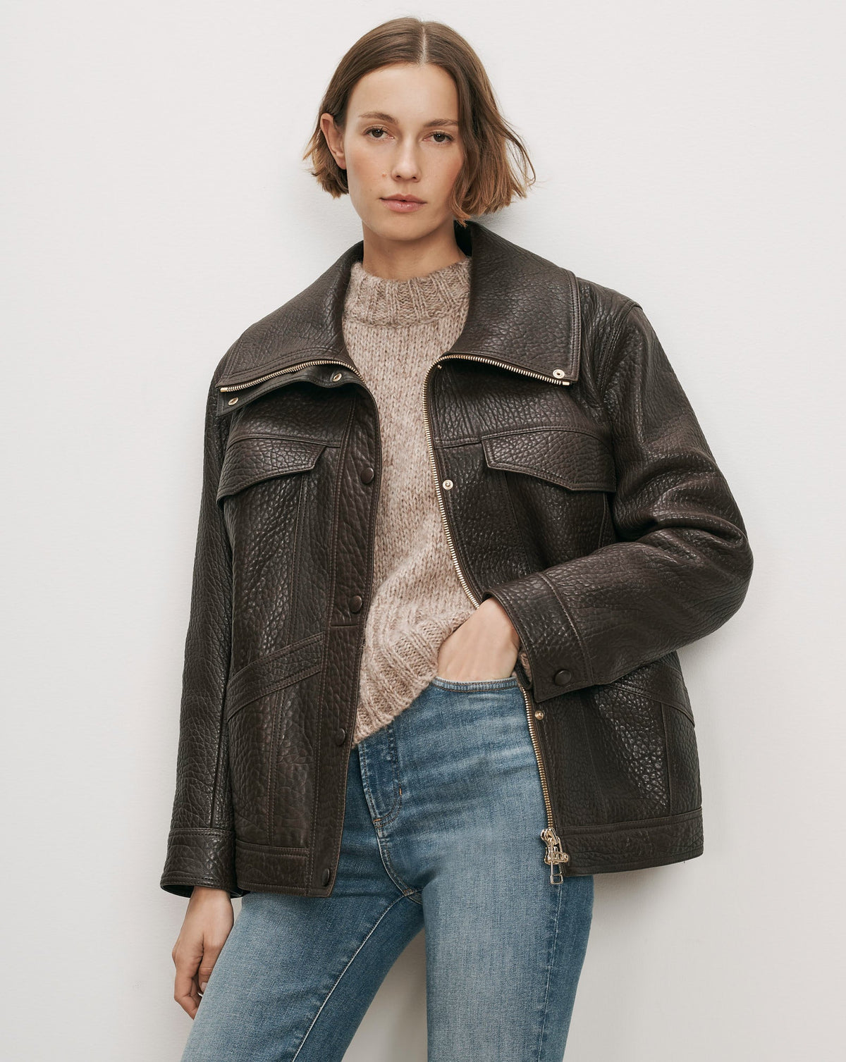 Silversmith Leather Funnel Neck Jacket in Dark Brown - Veronica Beard Popular