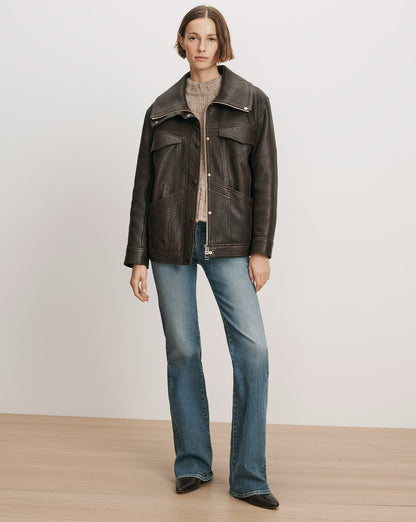 Silversmith Leather Funnel Neck Jacket in Dark Brown - Veronica Beard Popular