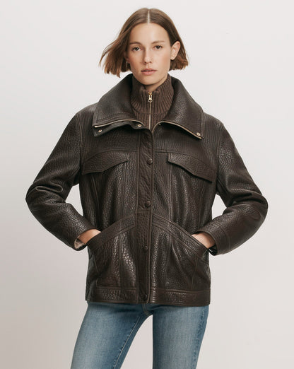 Silversmith Leather Funnel Neck Jacket in Dark Brown - Veronica Beard Popular