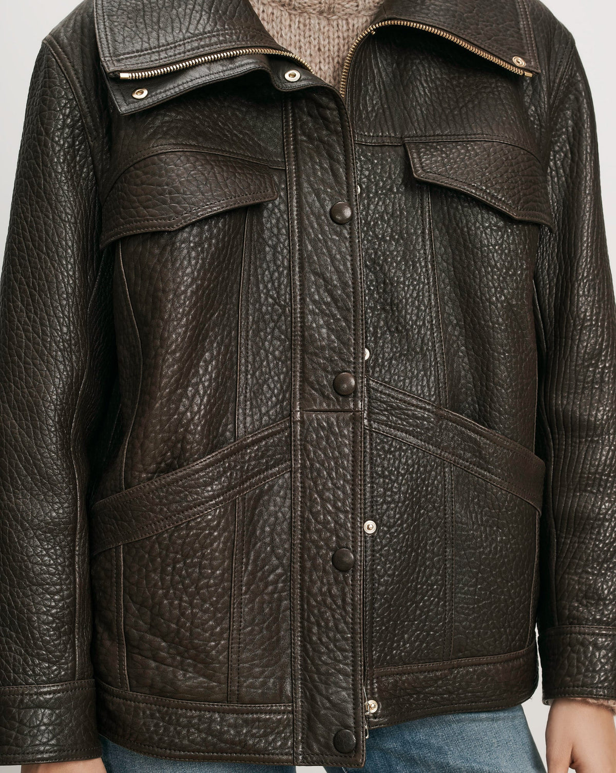Silversmith Leather Funnel Neck Jacket in Dark Brown - Veronica Beard Popular