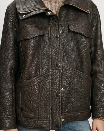Silversmith Leather Funnel Neck Jacket in Dark Brown - Veronica Beard Popular