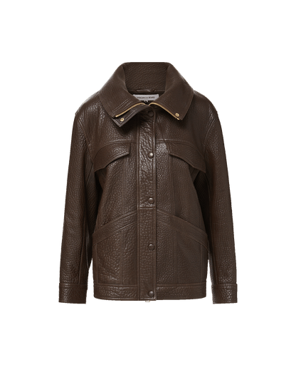Silversmith Leather Funnel Neck Jacket in Dark Brown - Veronica Beard Popular