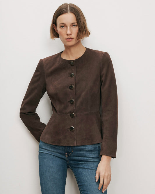 Quinn Suede Peplum Jacket in Dark Brown - Veronica Beard Latest