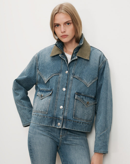 Wegner Denim Jacket with Green Cord Collar - Veronica Beard Signature