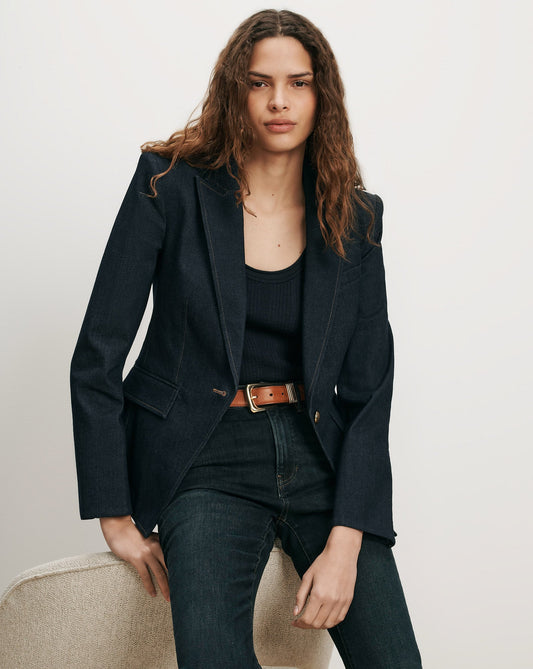 Miller Denim Single-Breasted Dickey Jacket in Dark Blue Midnight Wash - Veronica Beard Classic