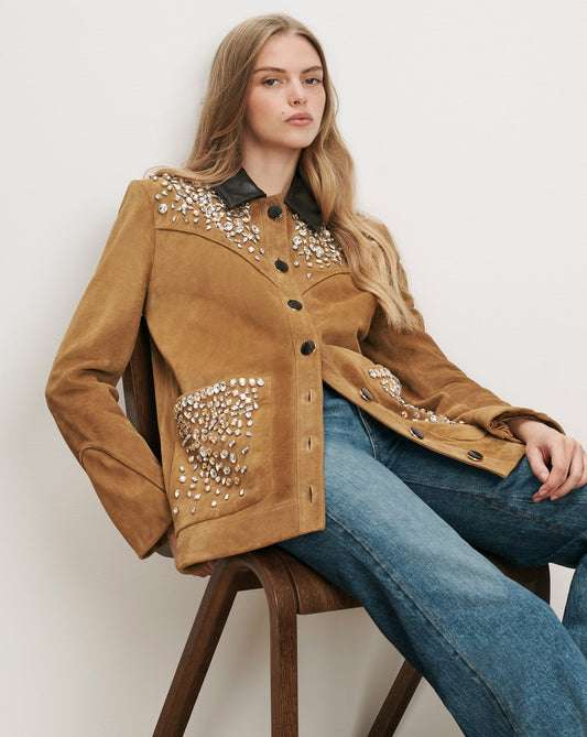 Shannon Suede Embellished Field Jacket in Acorn Tan - Veronica Beard Top Pick