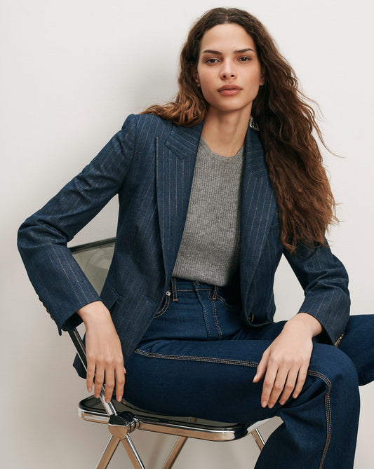 Naira Denim Dickey Jacket in Medium Indigo/Copper Pinstripe - Veronica Beard Hot Sale