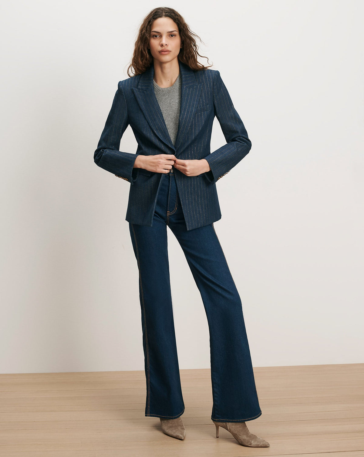 Naira Denim Dickey Jacket in Medium Indigo/Copper Pinstripe - Veronica Beard Hot Sale