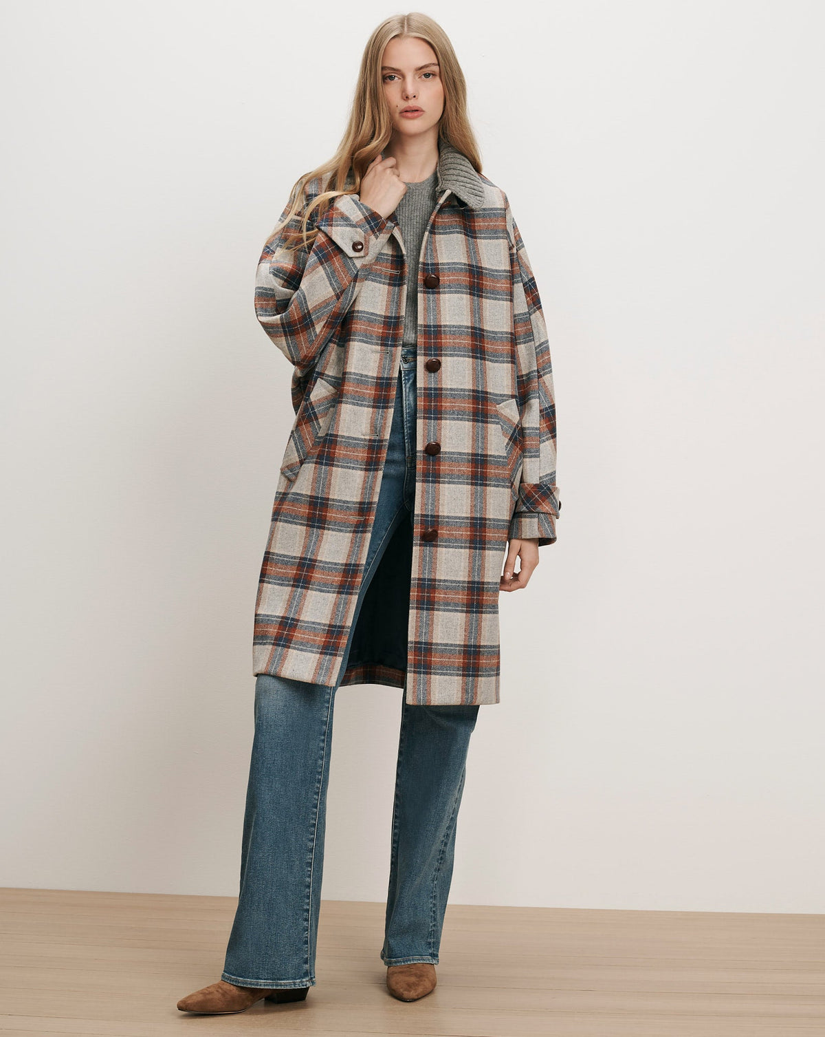 Laurent Removable-Collar Dickey Coat in Heather Grey & Red Plaid Multi - Veronica Beard Exclusive
