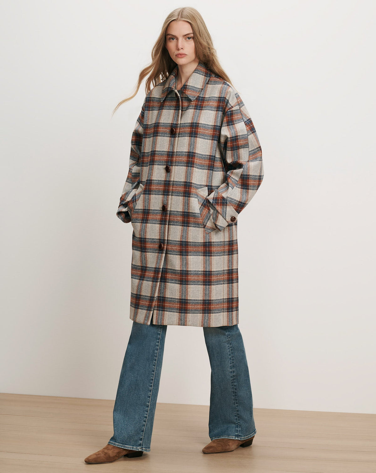 Laurent Removable-Collar Dickey Coat in Heather Grey & Red Plaid Multi - Veronica Beard Exclusive