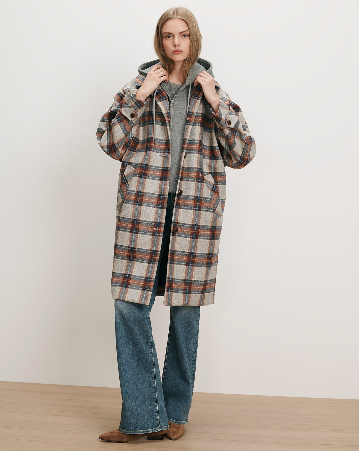 Laurent Removable-Collar Dickey Coat in Heather Grey & Red Plaid Multi - Veronica Beard Exclusive