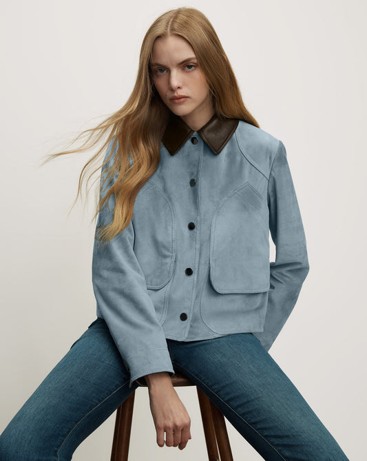 Walters Suede Cropped Jacket in Light Blue Steel - Veronica Beard Classic
