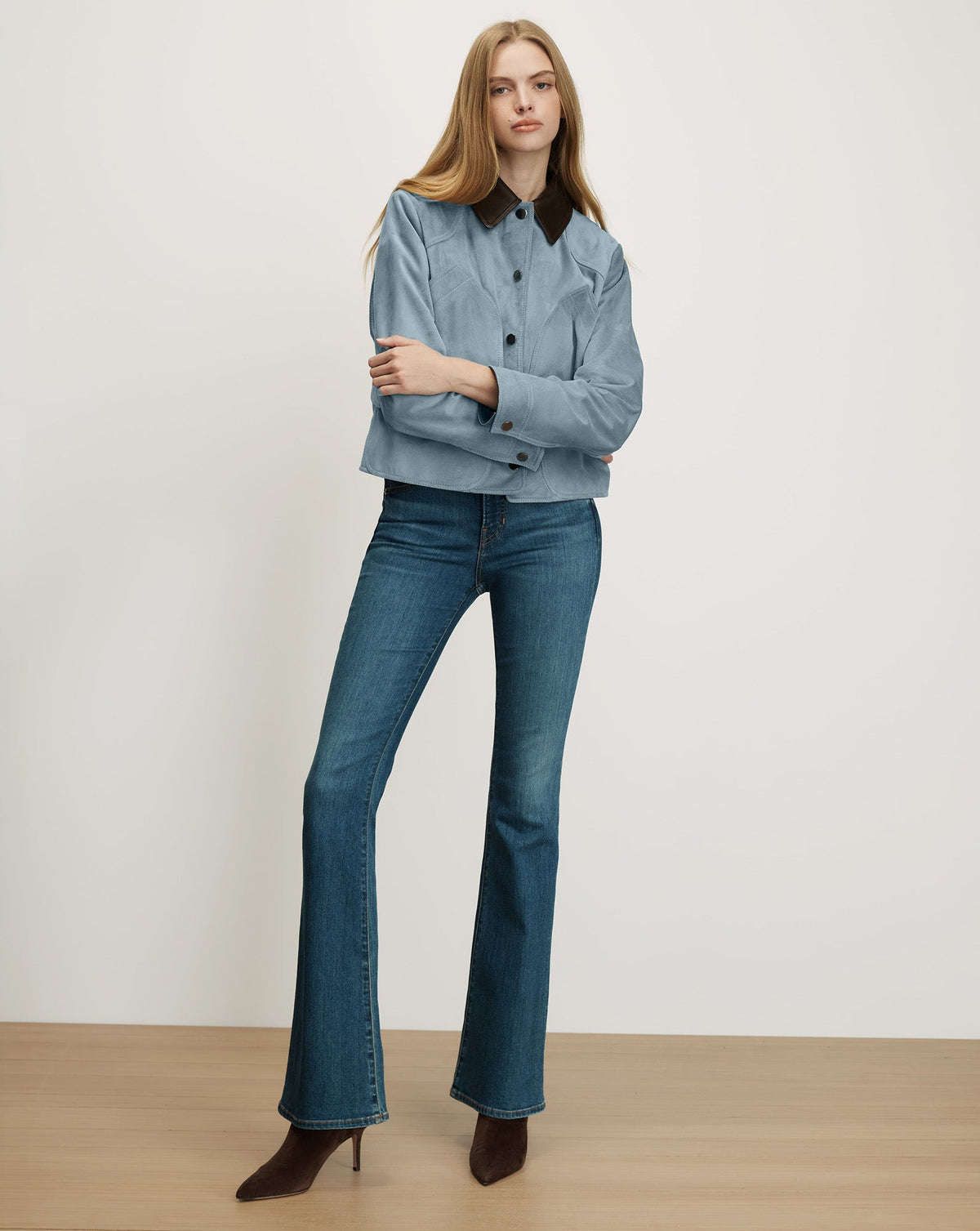 Walters Suede Cropped Jacket in Light Blue Steel - Veronica Beard Classic