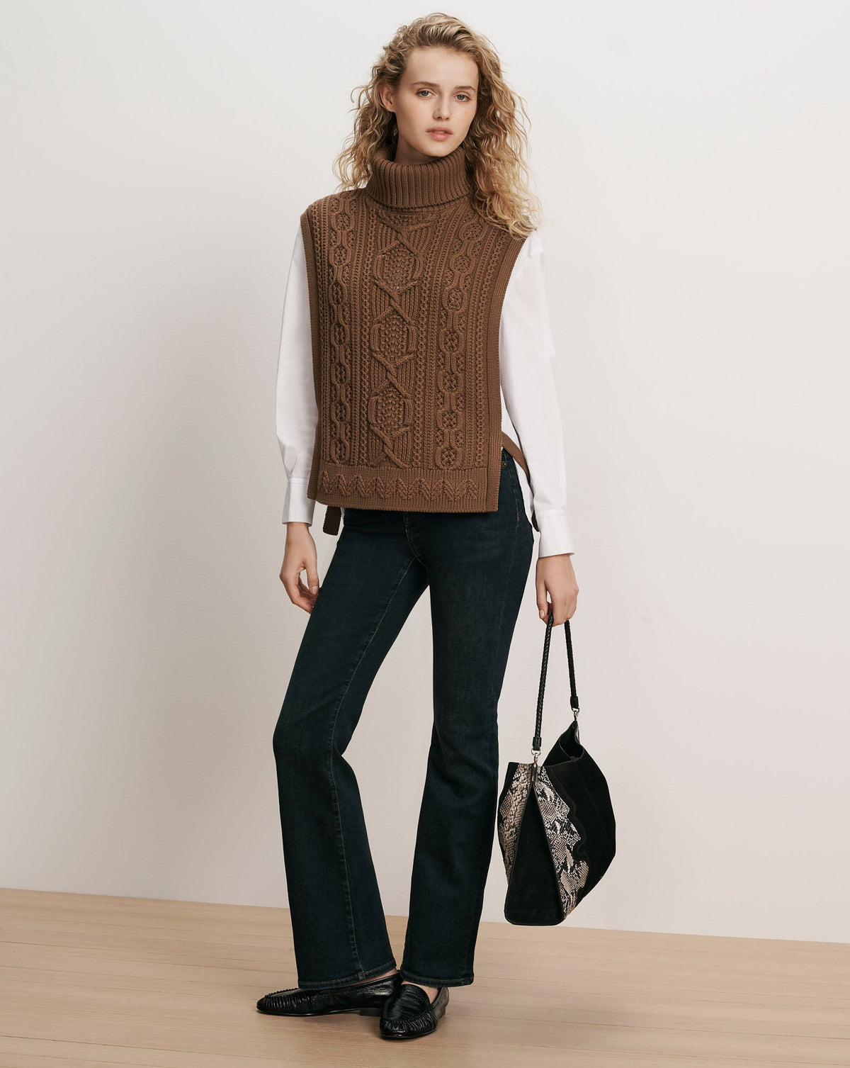Bentleigh Merino Wool Cableknit Vest in Ochre Brown - Veronica Beard Classic