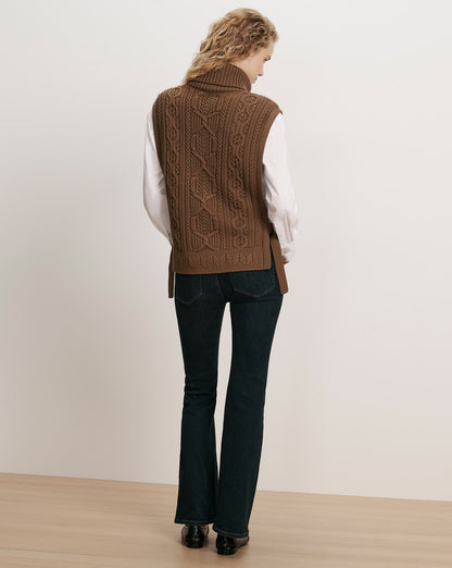 Bentleigh Merino Wool Cableknit Vest in Ochre Brown - Veronica Beard Classic