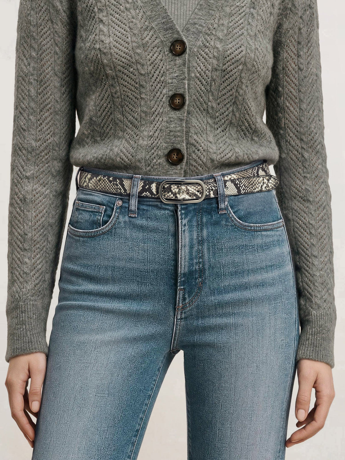 Snake-Embossed Loop Belt in Grey & Black - Veronica Beard Exclusive