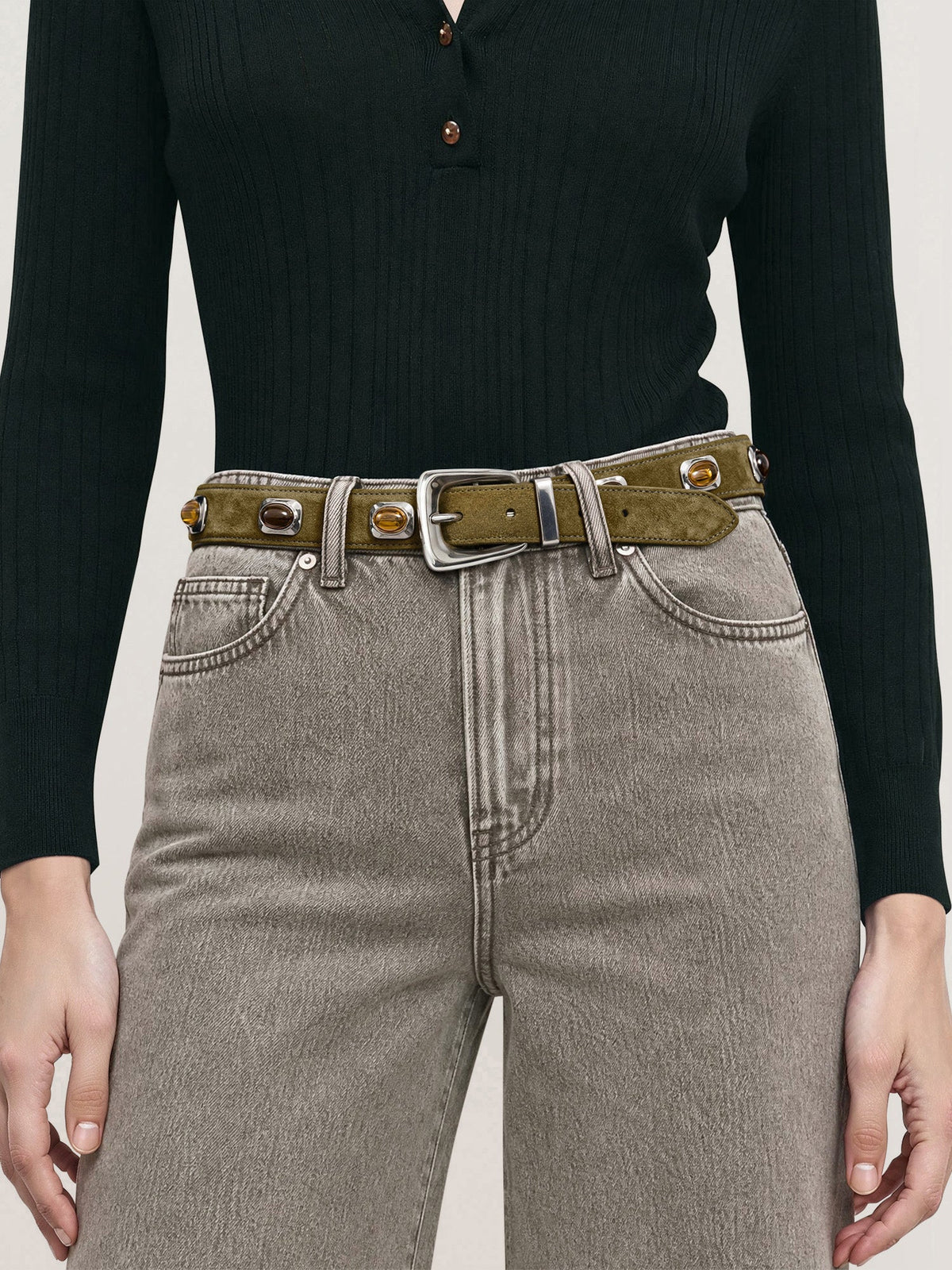 Stone Embellished Arch Belt in Green Suede - Veronica Beard Special Offer