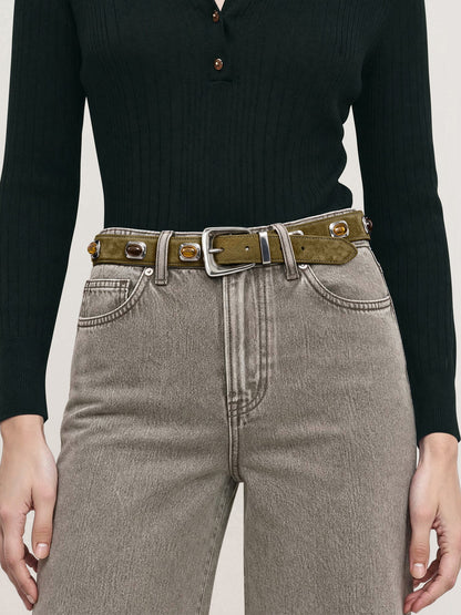 Stone Embellished Arch Belt in Green Suede - Veronica Beard Special Offer