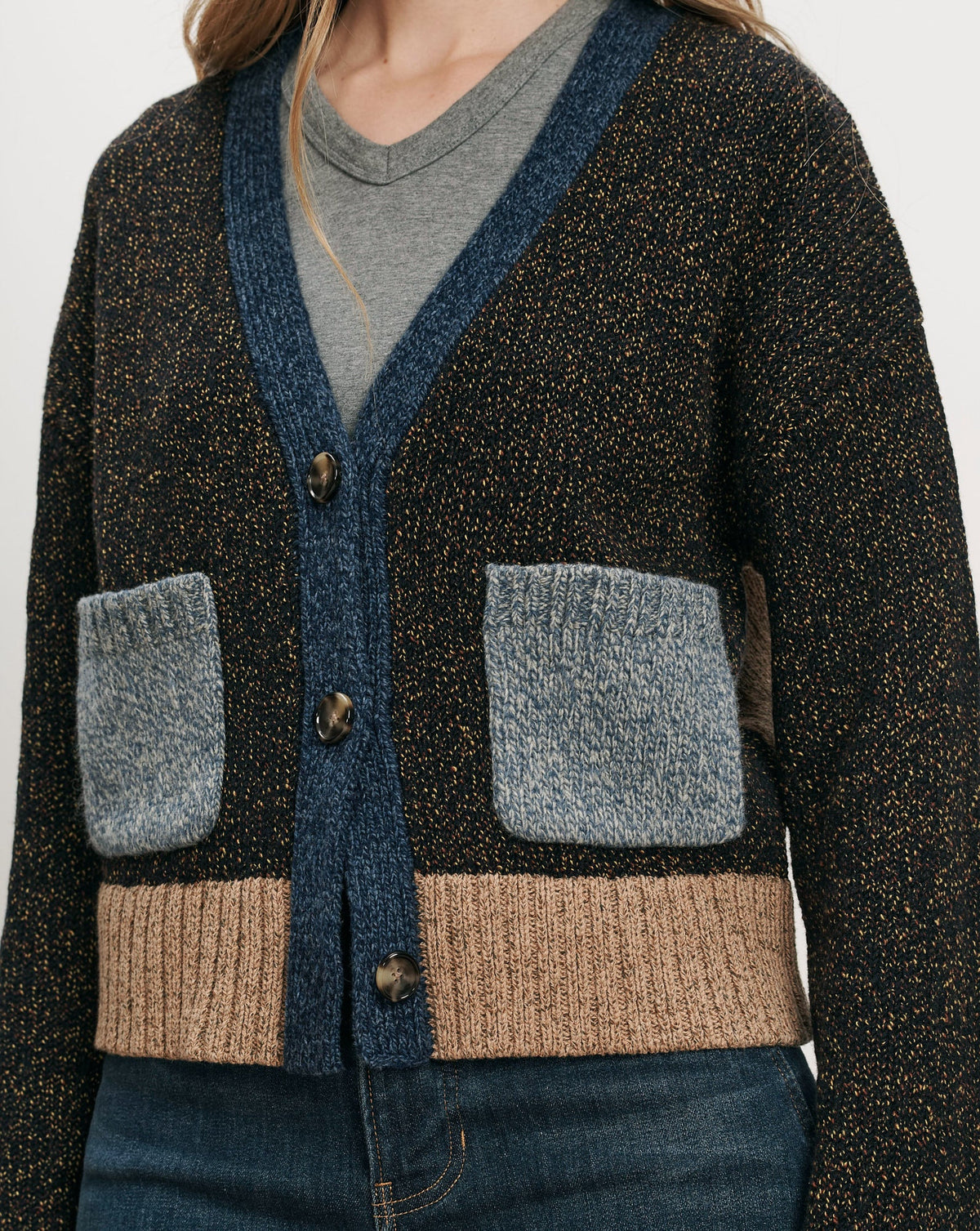 Josiane Color-Block Cardigan in Black & Blue - Veronica Beard Value