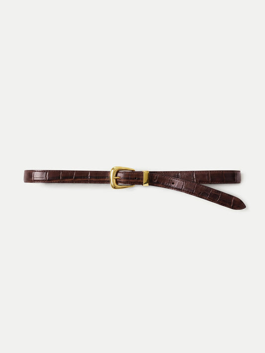 Slim Croc-Embossed Arch Belt in Brown Chestnut - Veronica Beard Trending