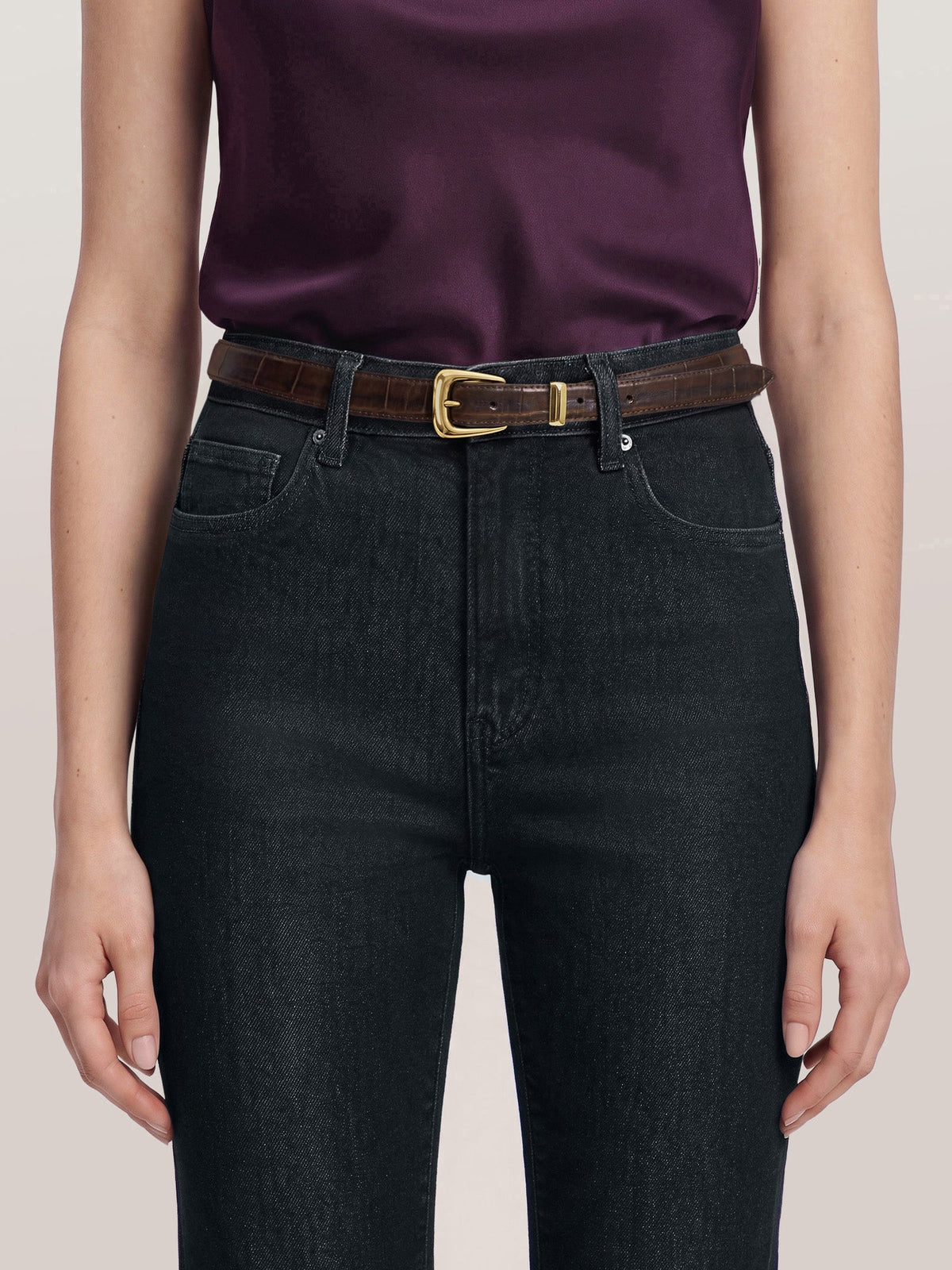 Slim Croc-Embossed Arch Belt in Brown Chestnut - Veronica Beard Trending