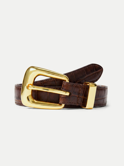 Slim Croc-Embossed Arch Belt in Brown Chestnut - Veronica Beard Trending