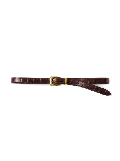 Slim Croc-Embossed Arch Belt in Brown Chestnut - Veronica Beard Trending