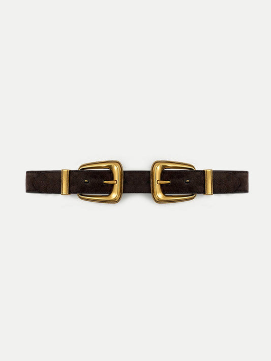 Double-Buckle Arch Waist Belt in Dark Brown Suede - Veronica Beard Deals