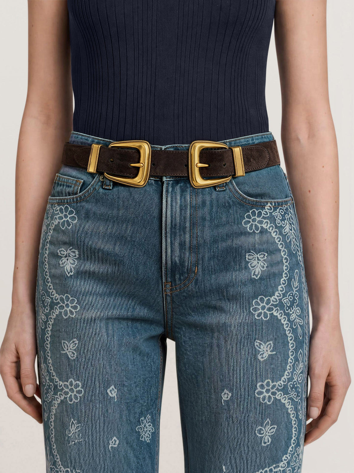 Double-Buckle Arch Waist Belt in Dark Brown Suede - Veronica Beard Deals
