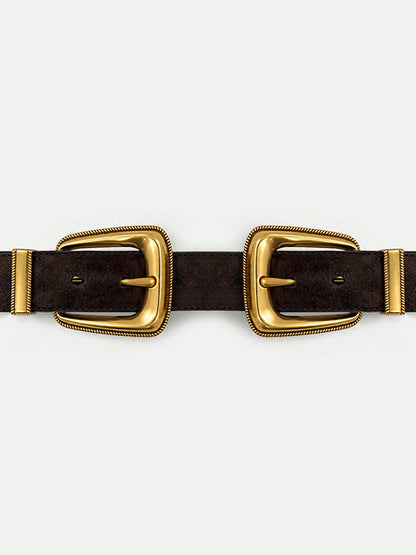 Double-Buckle Arch Waist Belt in Dark Brown Suede - Veronica Beard Deals
