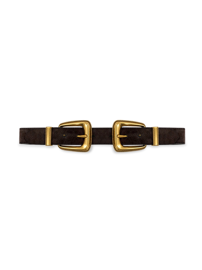 Double-Buckle Arch Waist Belt in Dark Brown Suede - Veronica Beard Deals