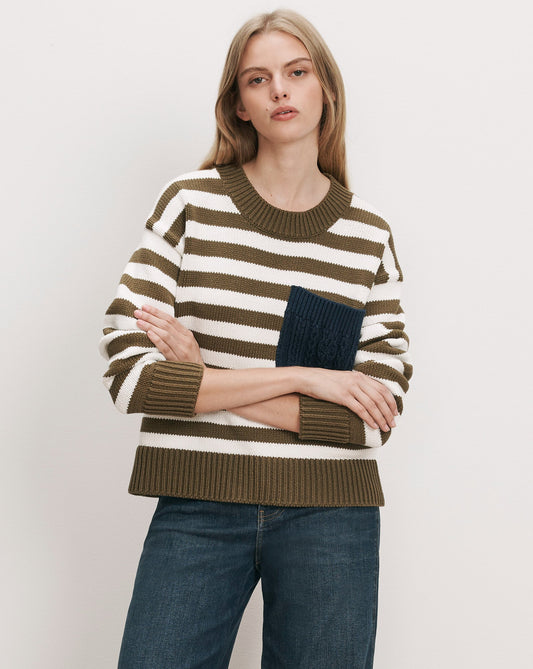 Emile Striped Pullover in Military Olive/Dove White/Heritage Navy - Veronica Beard Value