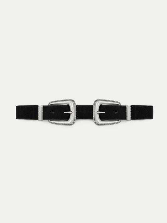 Double-Buckle Arch Waist Belt in Black - Veronica Beard Classic