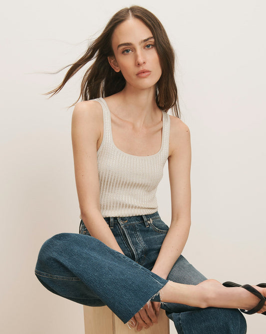Sandra Knit Tank Top in Off-White Chevron /Stone Khaki - Veronica Beard Latest