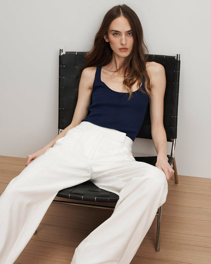 Birke Merino Wool Ribbed Tank Top in Navy - Veronica Beard Value