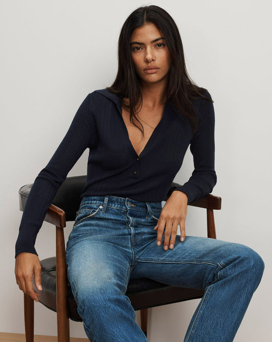 Rouni Merino Wool Collared Pullover in Navy - Veronica Beard Hot Sale