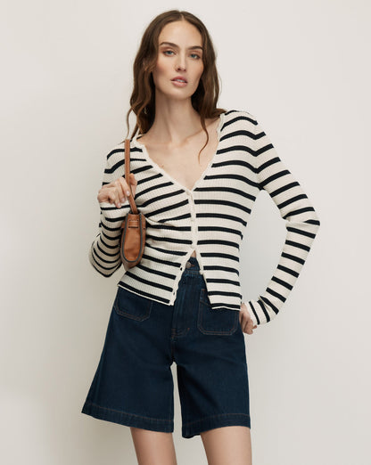 Anwin Merino Wool Cardigan in Dove White & Navy Stripes - Veronica Beard Everyday