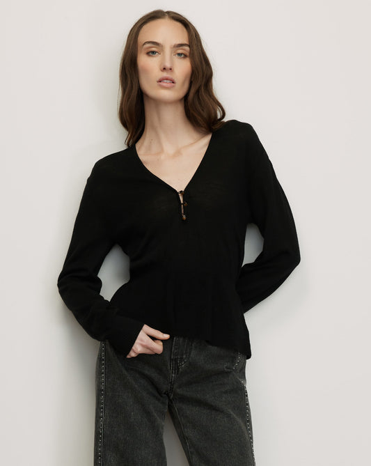 Zainen Merino Wool V-Neck Pullover in Black - Veronica Beard Trending