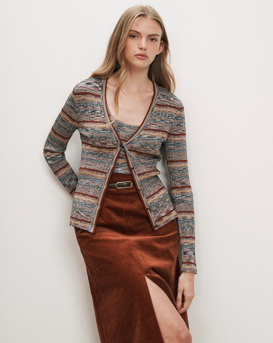 Calliope Knit Cardigan in Rust Multicolor Stripes - Veronica Beard Value