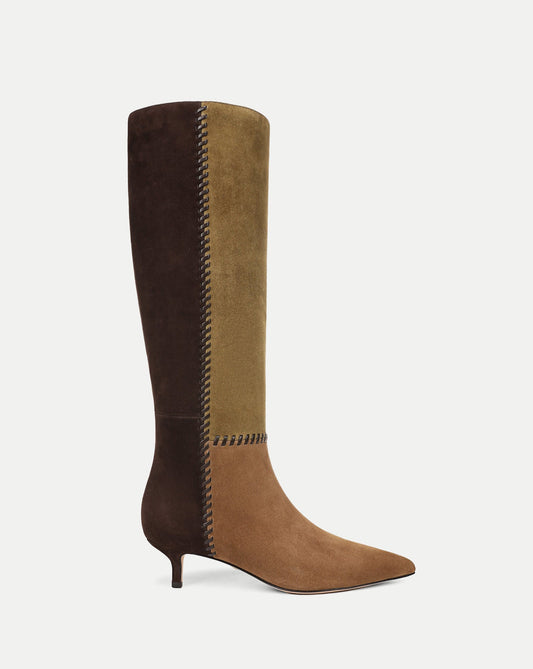 Lisa Kitten-Heel Boot in Brown & Olive Green Suede - Veronica Beard Trusted