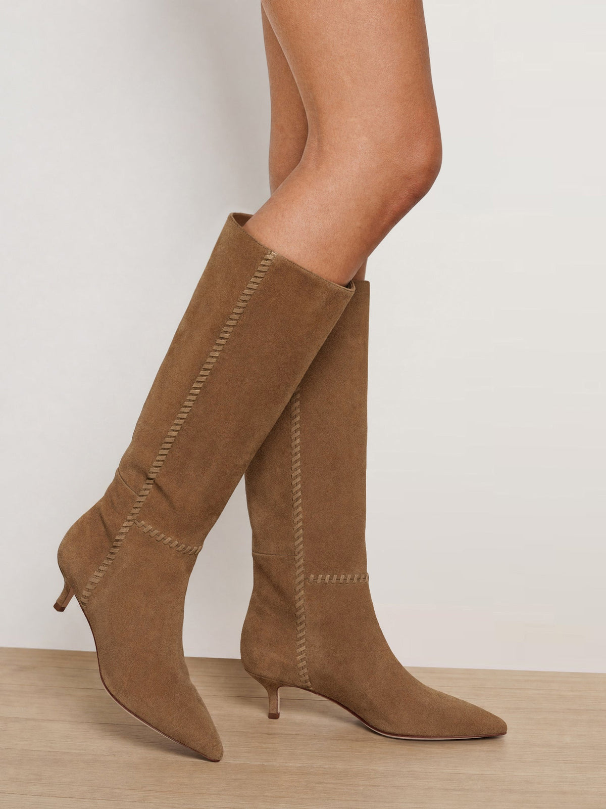 Lisa Whipstitch Kitten-Heel Boot in Brown Suede - Veronica Beard Top Pick
