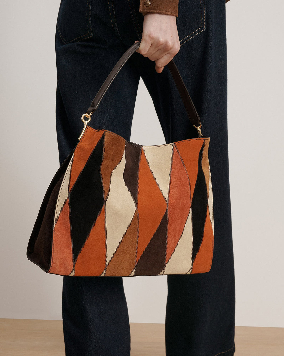 Vida Leather Patchwork Shoulder Bag in Espresso Multi - Veronica Beard Smart Buy