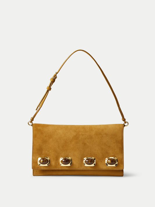 Tiger's Eye Cabochon Edit Bag in Tan Suede Acorn - Veronica Beard Premium