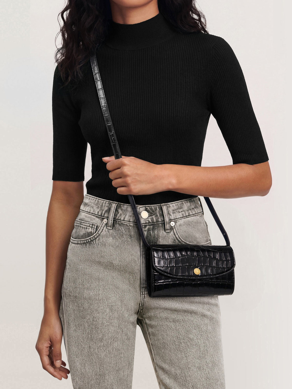 Croc-Embossed Crossbody Wallet in Black - Veronica Beard Best Seller