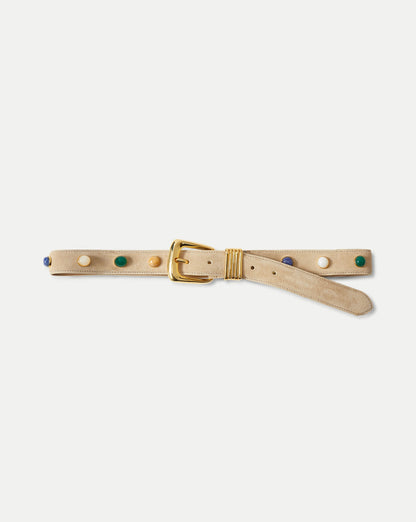 Arch Embellished Suede Belt in Stone Khaki - Veronica Beard Trusted