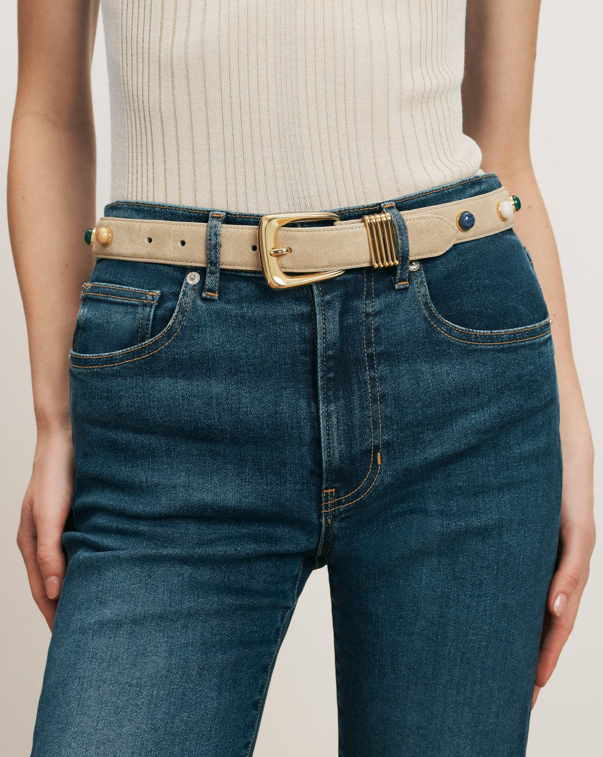Arch Embellished Suede Belt in Stone Khaki - Veronica Beard Trusted