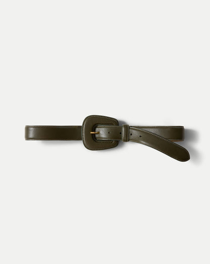 Elsy Leather-Buckle Belt in Khaki - Veronica Beard Quality
