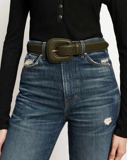 Elsy Leather-Buckle Belt in Khaki - Veronica Beard Quality
