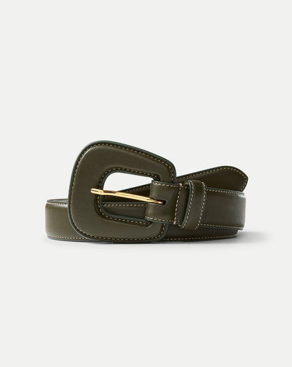 Elsy Leather-Buckle Belt in Khaki - Veronica Beard Quality
